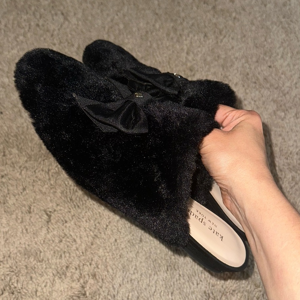 Women’s Kate Spade Jocelyn Black Faux Fur Big Grosgrain Bow Slipper Slide Shoe
